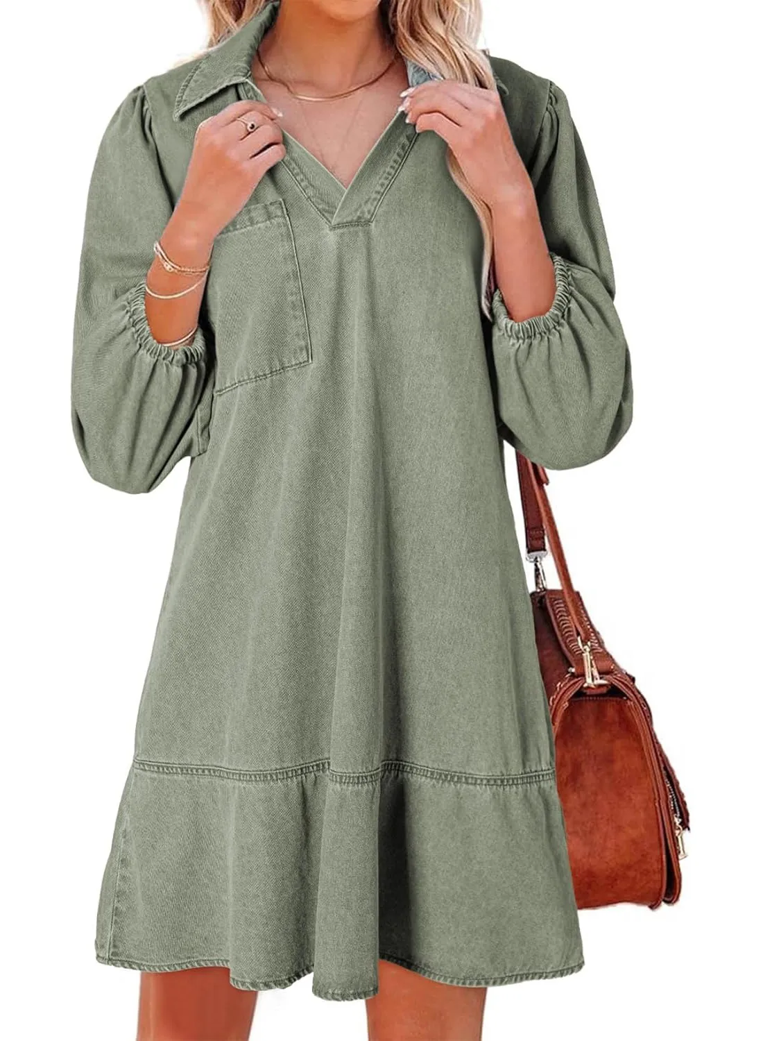Women's V-neck Puff Sleeve Denim Layered Dress