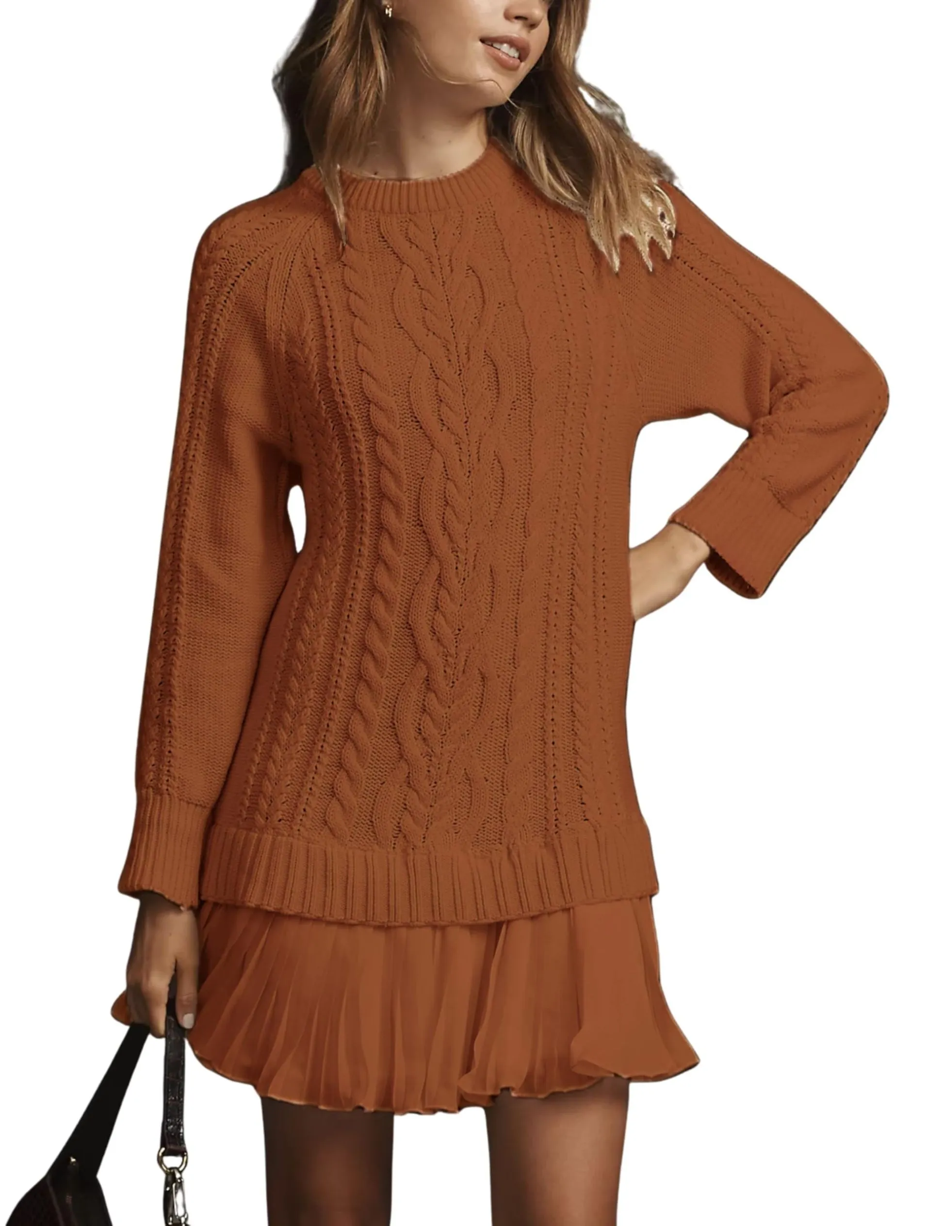 Women Crewneck Cable Knit Sweater Mini Dress (Buy 2 Free Shipping)