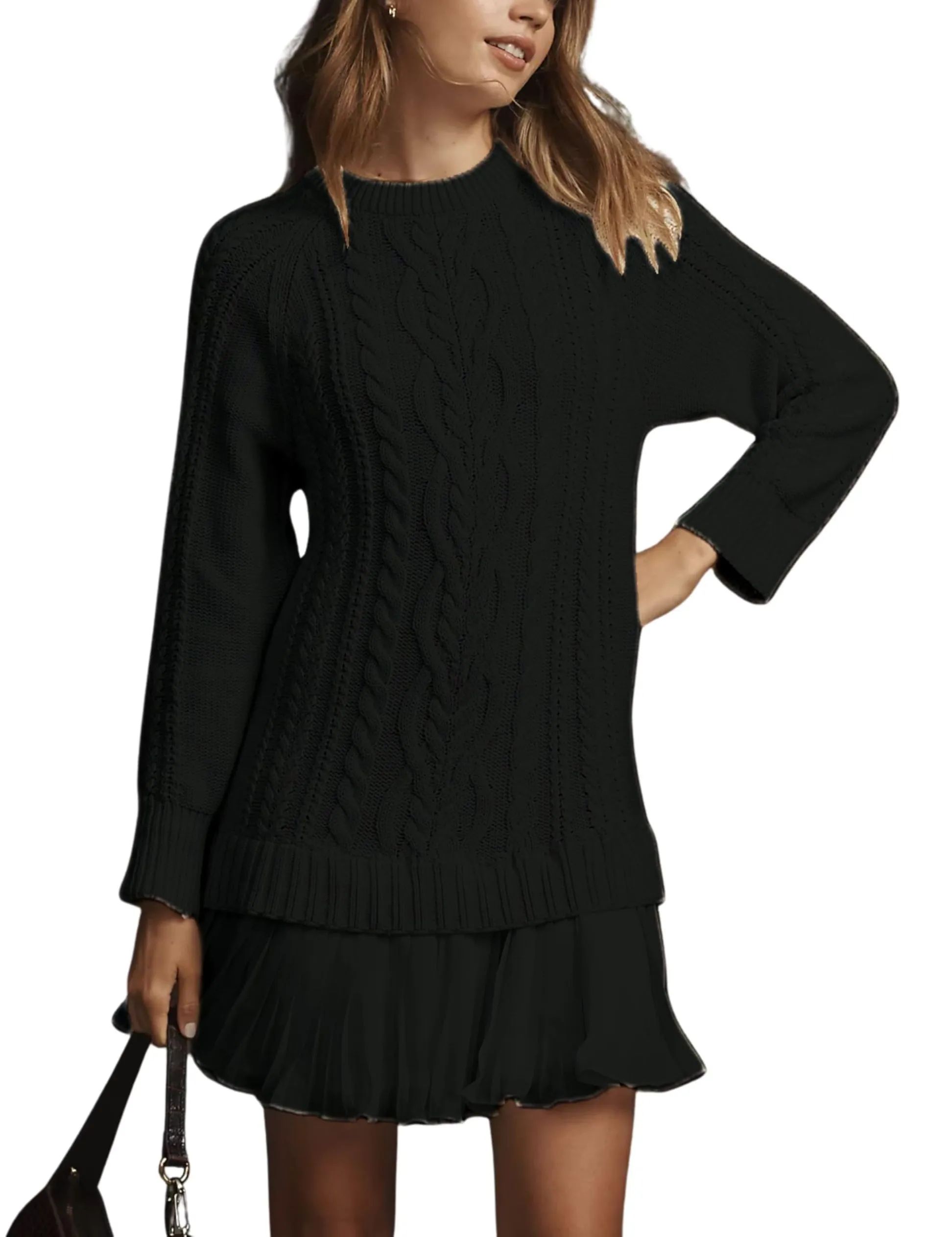 Women Crewneck Cable Knit Sweater Mini Dress (Buy 2 Free Shipping)