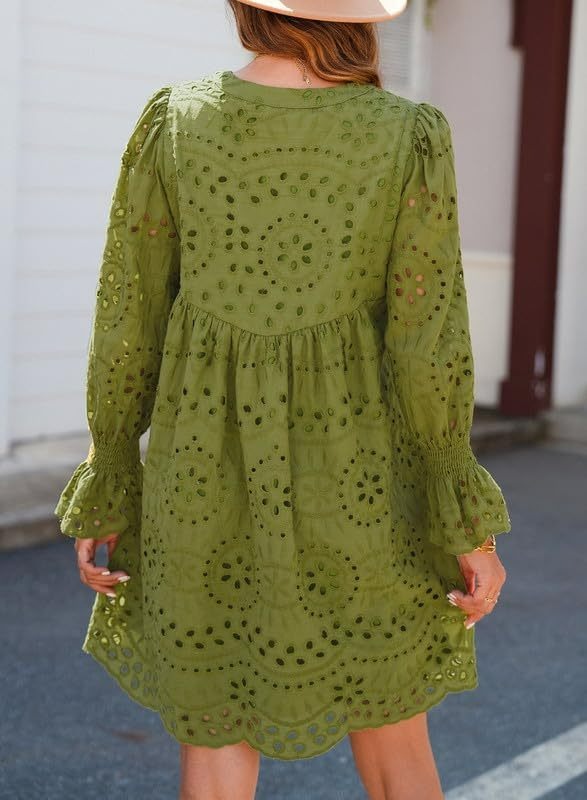 ✨Womens V Neck Long Sleeve Hollow Out Lace Ruffle Dresses(Buy 2 Free Shipping)