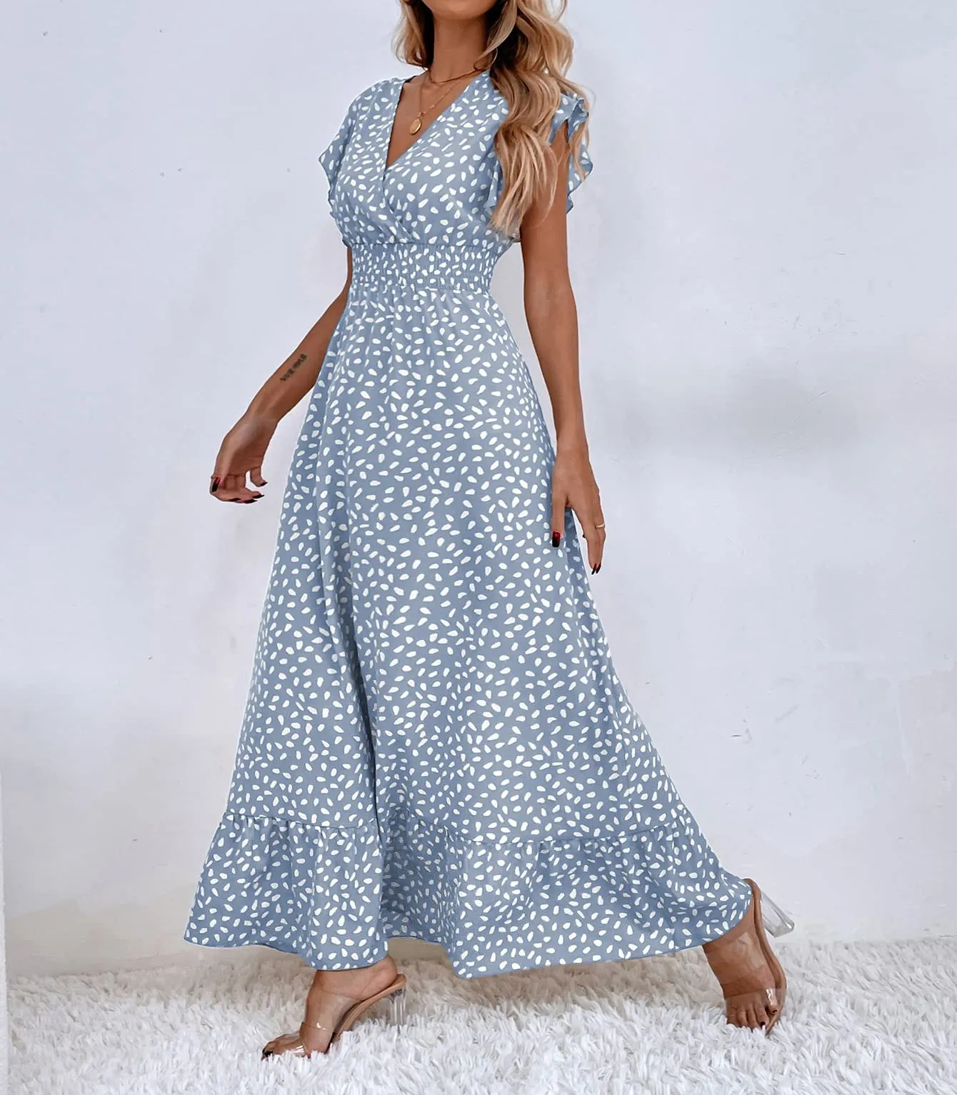 PRINT RUFFLE SLEEVE V NECK MAXI DRESS
