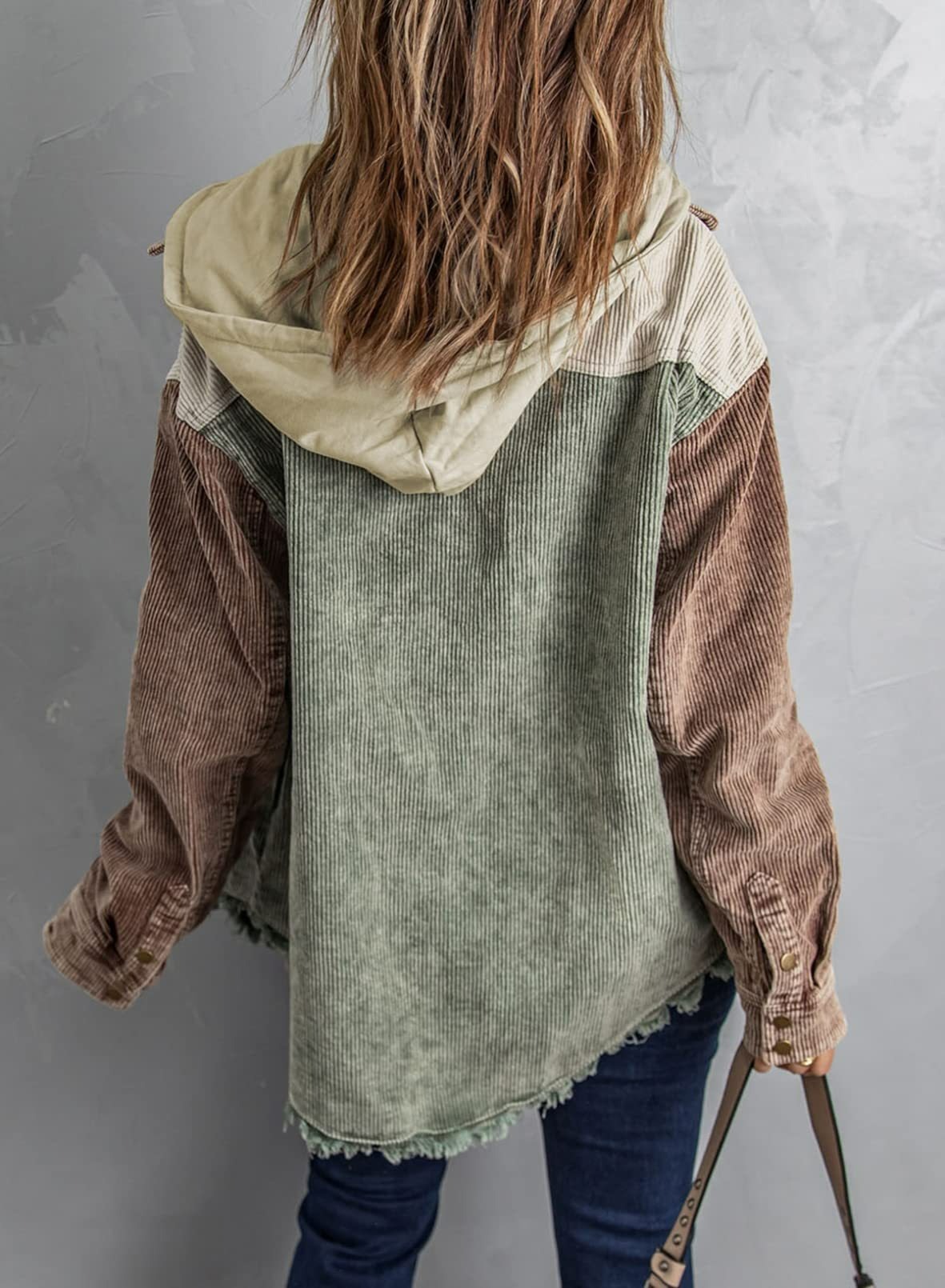 2024 Fall Long Sleeve Button Down Color Block Corduroy Hooded Jacket(BUY 2 10% OFF)
