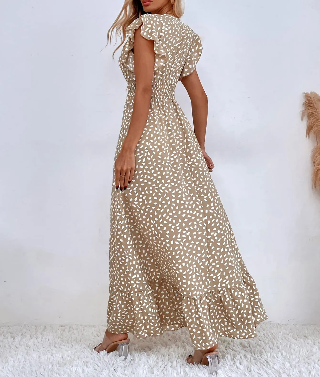 PRINT RUFFLE SLEEVE V NECK MAXI DRESS
