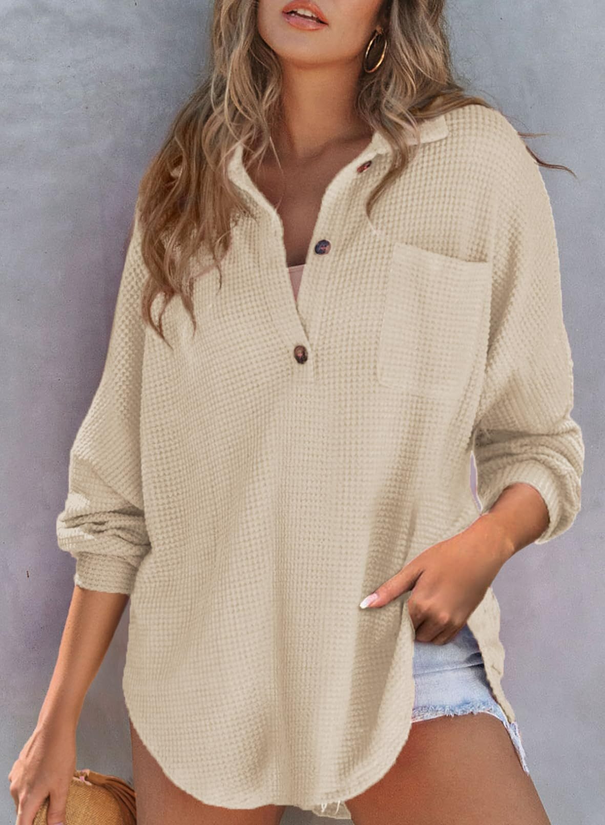 2024 New Women's Waffle Knit Henley V Neck Shirt Jacket