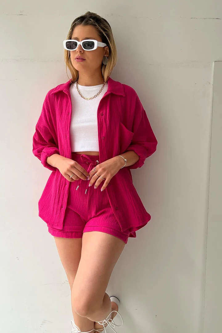 Long Sleeve Solid Color Shirt Shorts Set