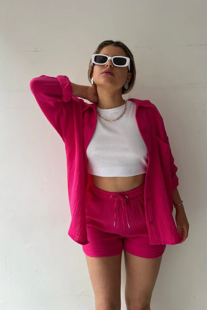 Long Sleeve Solid Color Shirt Shorts Set