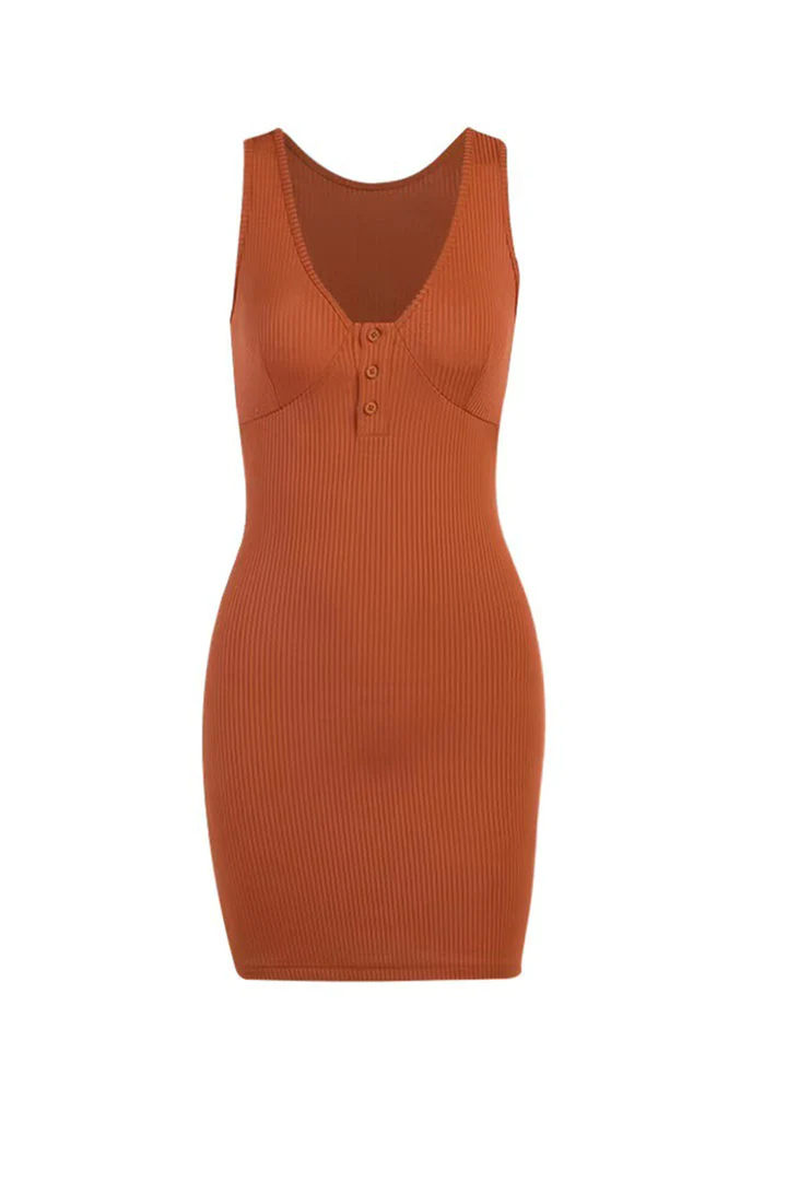 Low Cut Button Ribbed Knit Tank Dress