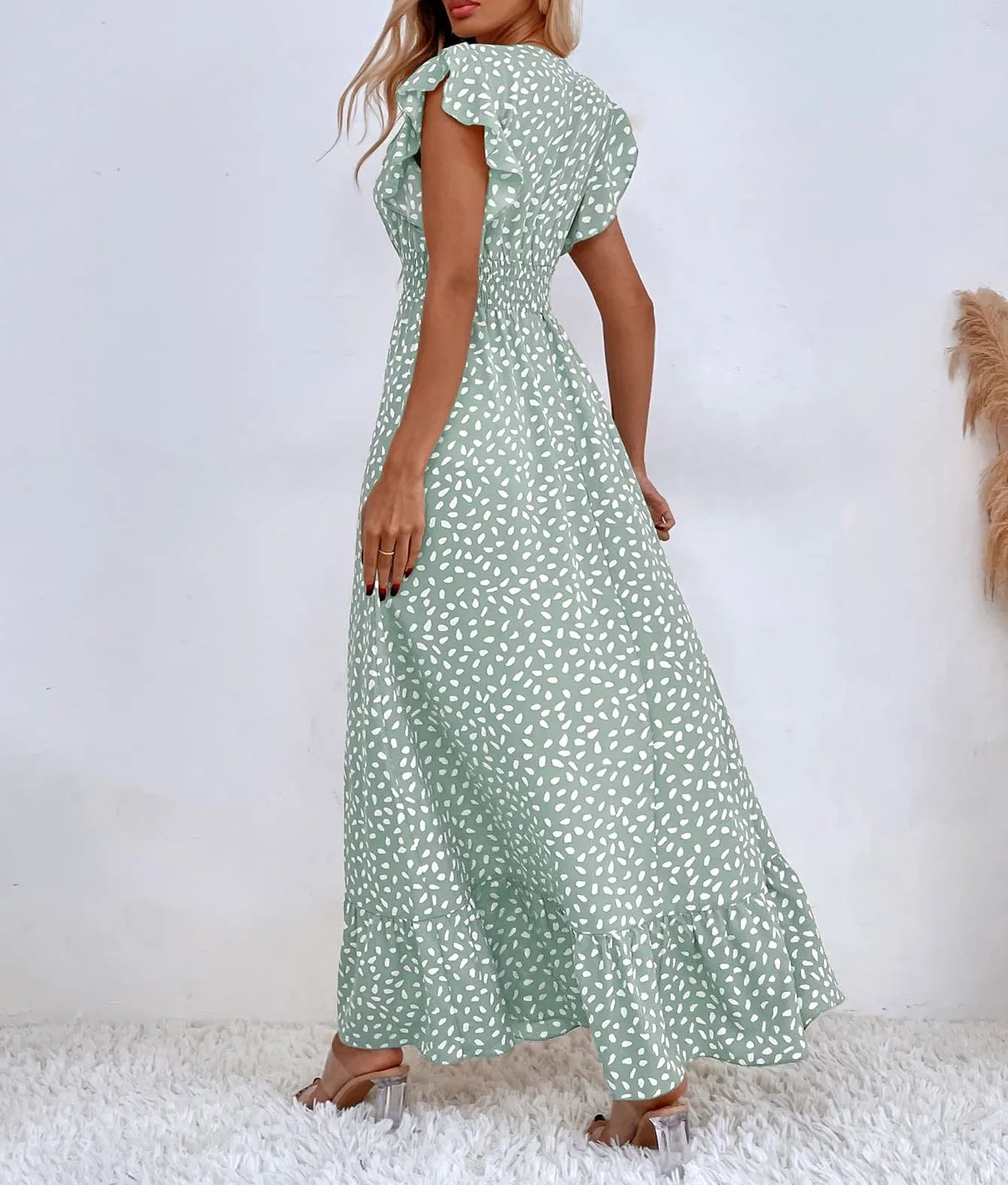 PRINT RUFFLE SLEEVE V NECK MAXI DRESS