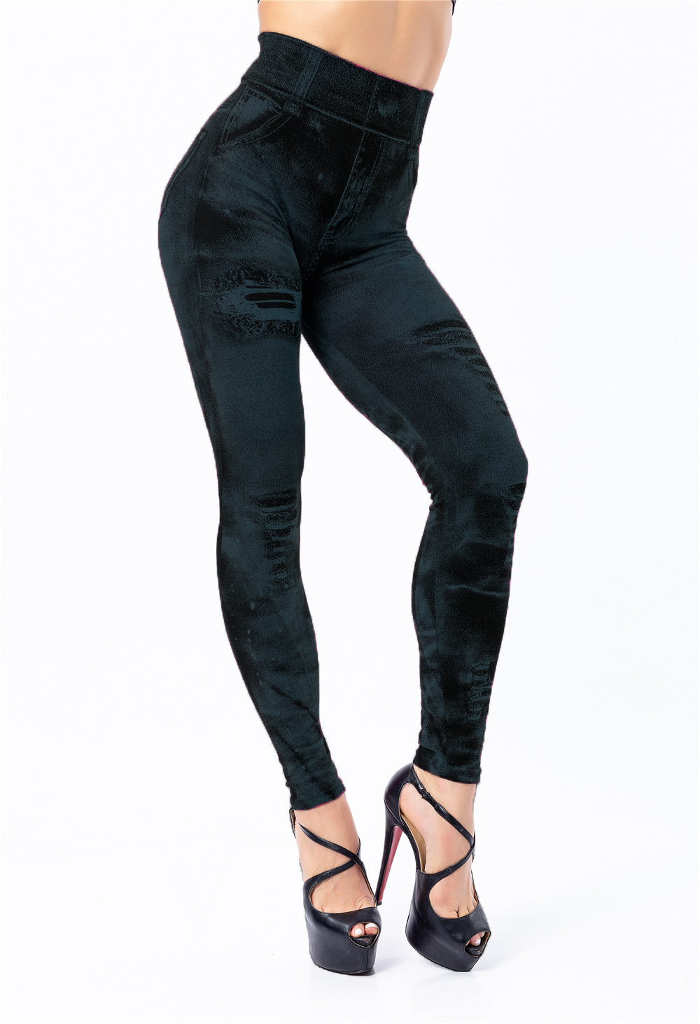 DENIM LOOK HIGH WAIST SPORTS LEGGINGS