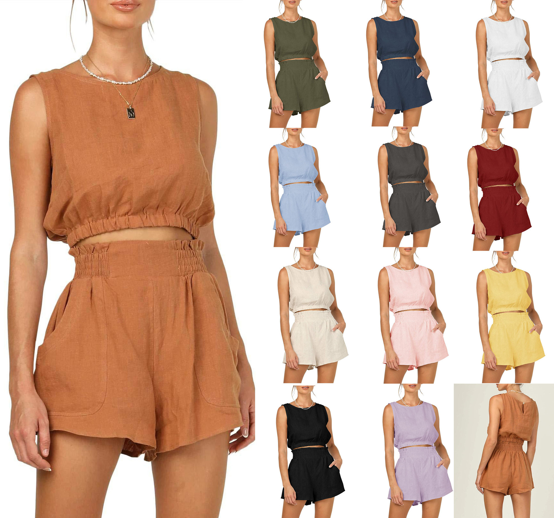 2023 New Summer Women's 2-Piece Set Sleeveless Cropped Tank Top and High Waist Loose Pocket Shorts