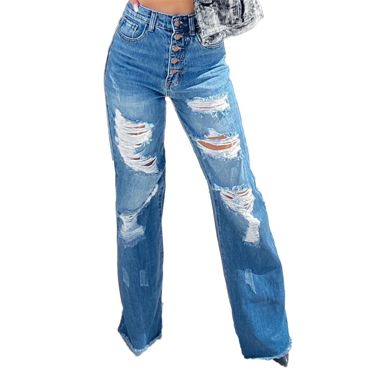 Women's Straight Leg Jeans Ripped Hole Wash Water Blue Casual Fashion Jeans