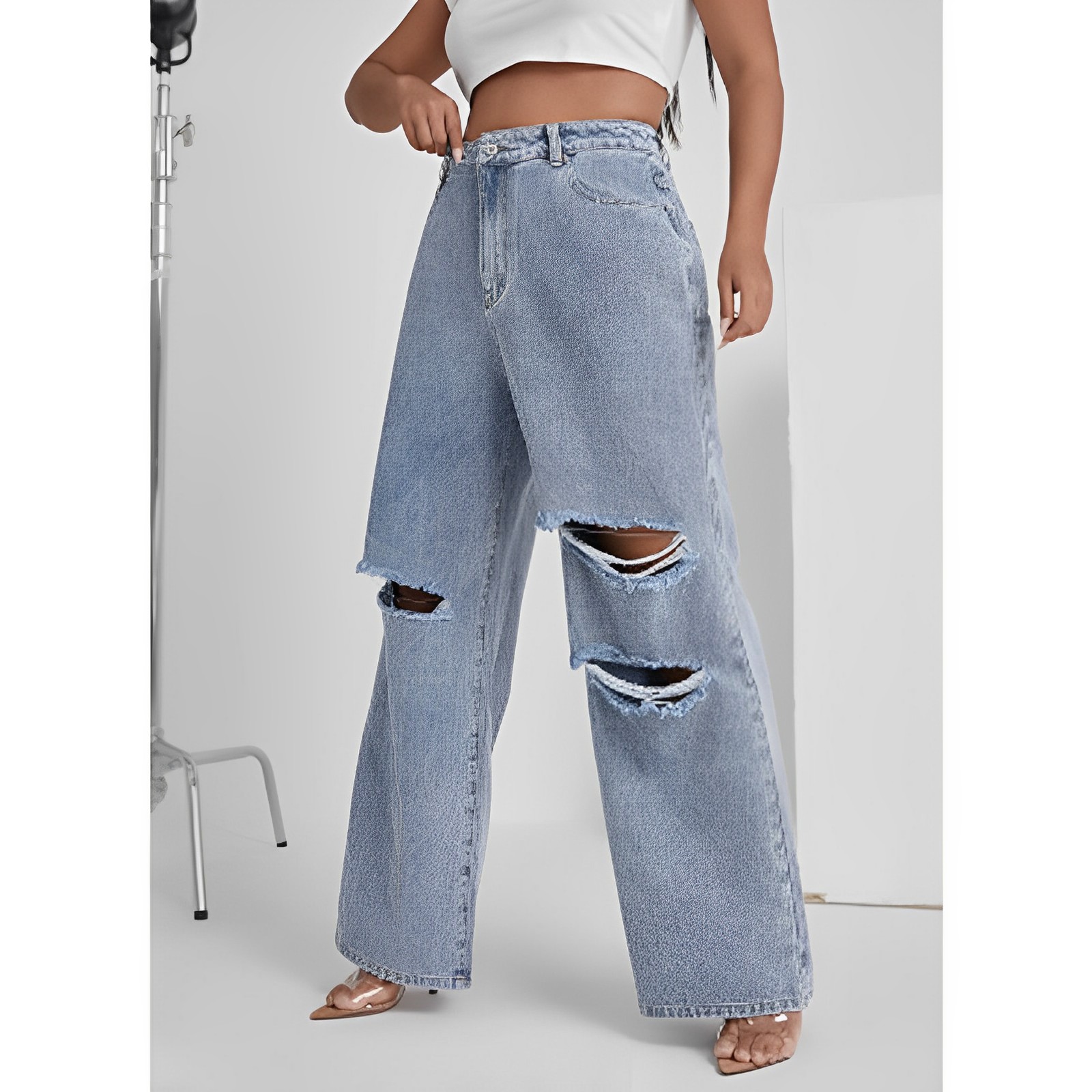 Women's Plus Size High Waist Ripped Wide Leg Jeans Baggy Denim Pants
