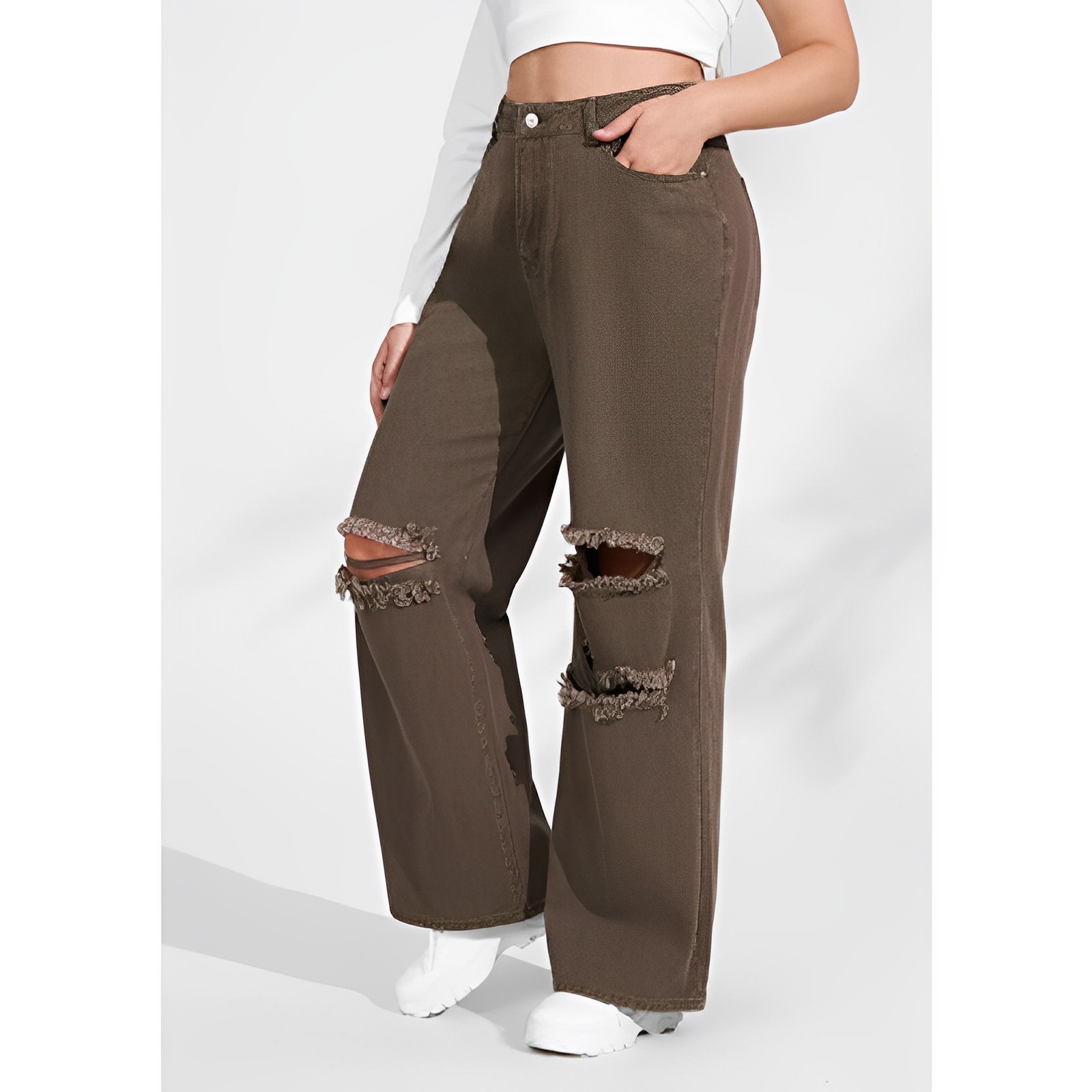 Women's Plus Size High Waist Ripped Wide Leg Jeans Baggy Denim Pants