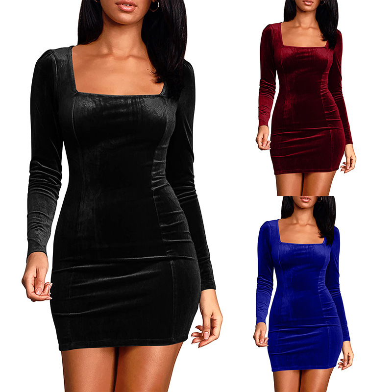 Womens Sexy Velvet Long Sleeve Bodycon Elegant Mini Party Dress