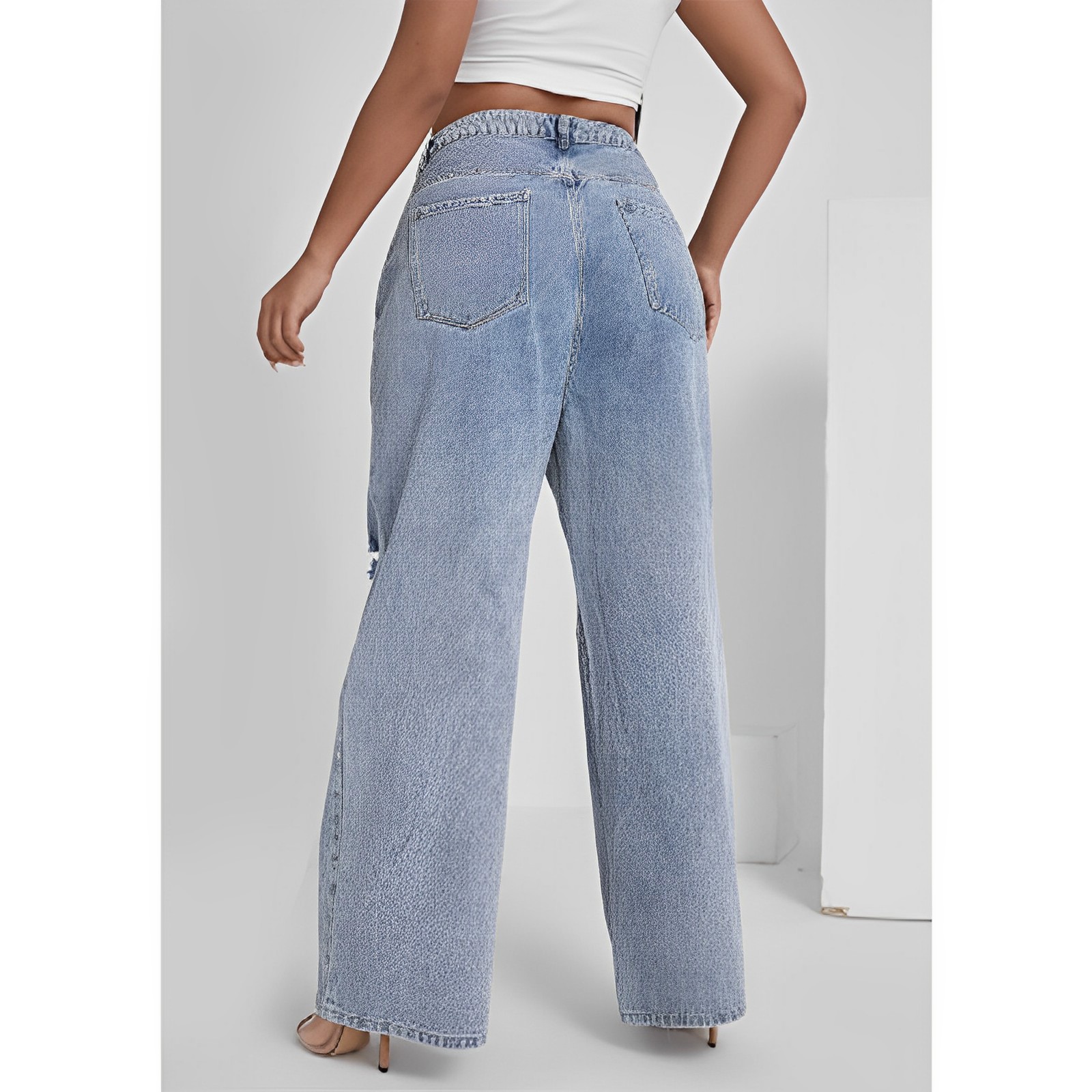 Women's Plus Size High Waist Ripped Wide Leg Jeans Baggy Denim Pants