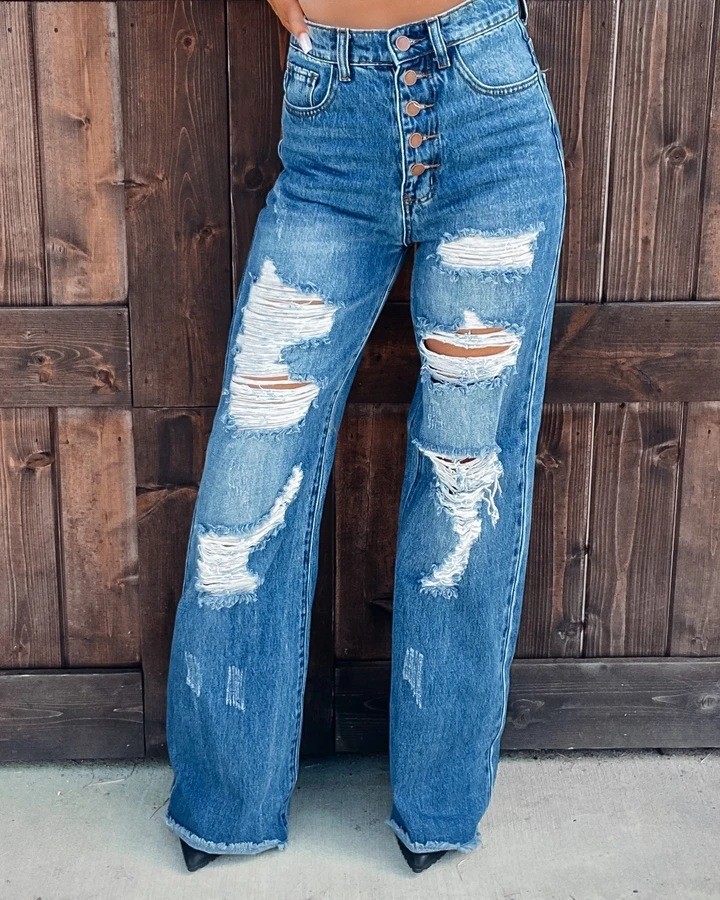 Women's Straight Leg Jeans Ripped Hole Wash Water Blue Casual Fashion Jeans
