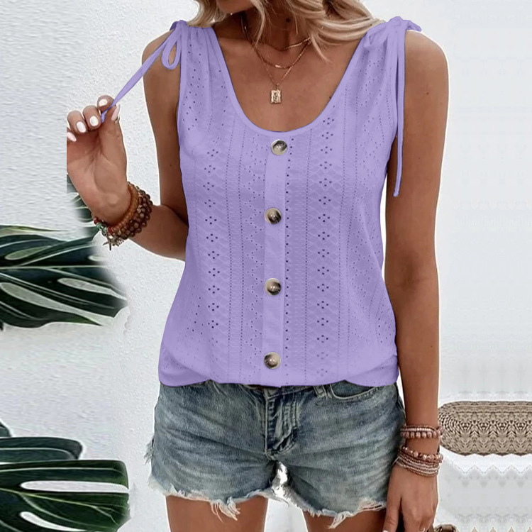 Women's Daily Casual Solid Color Tank Top Eyelet Sleeveless U Neck