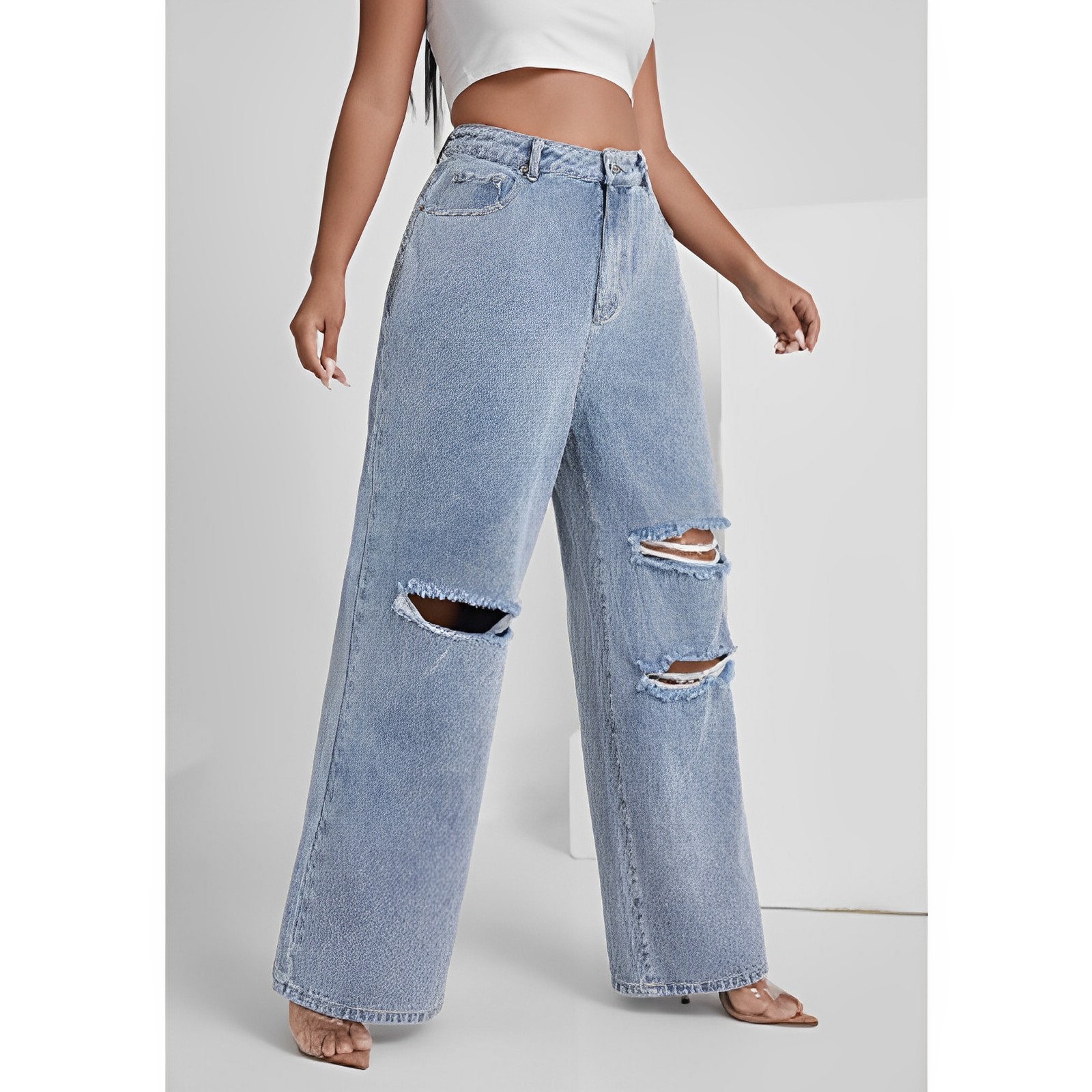Women's Plus Size High Waist Ripped Wide Leg Jeans Baggy Denim Pants