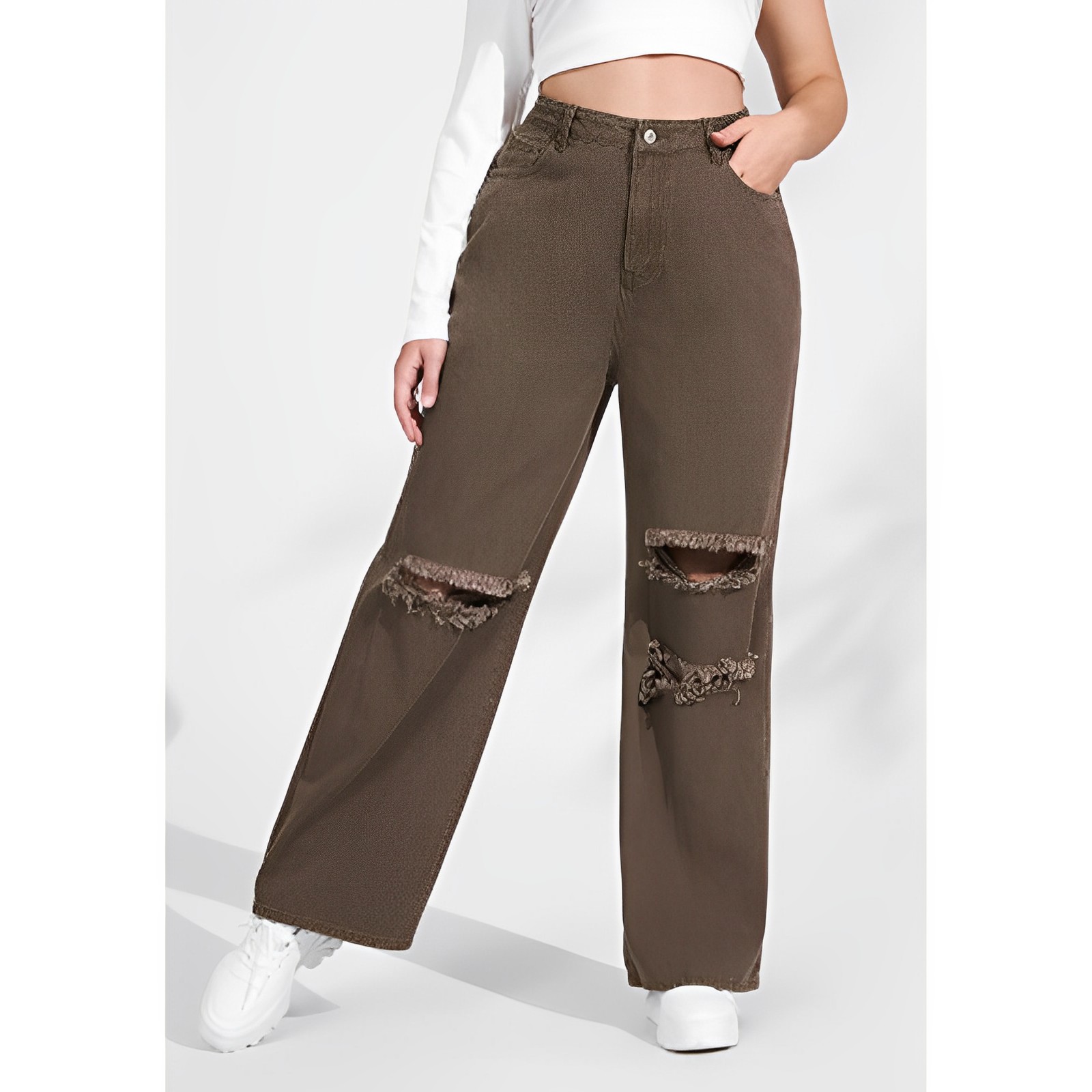 Women's Plus Size High Waist Ripped Wide Leg Jeans Baggy Denim Pants