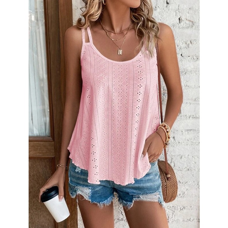 Solid Eyelet Sexy Tops for Women Women Cothing Fashion Sleeveless Embroidery Tops 