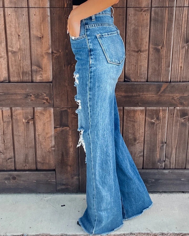 Women's Straight Leg Jeans Ripped Hole Wash Water Blue Casual Fashion Jeans