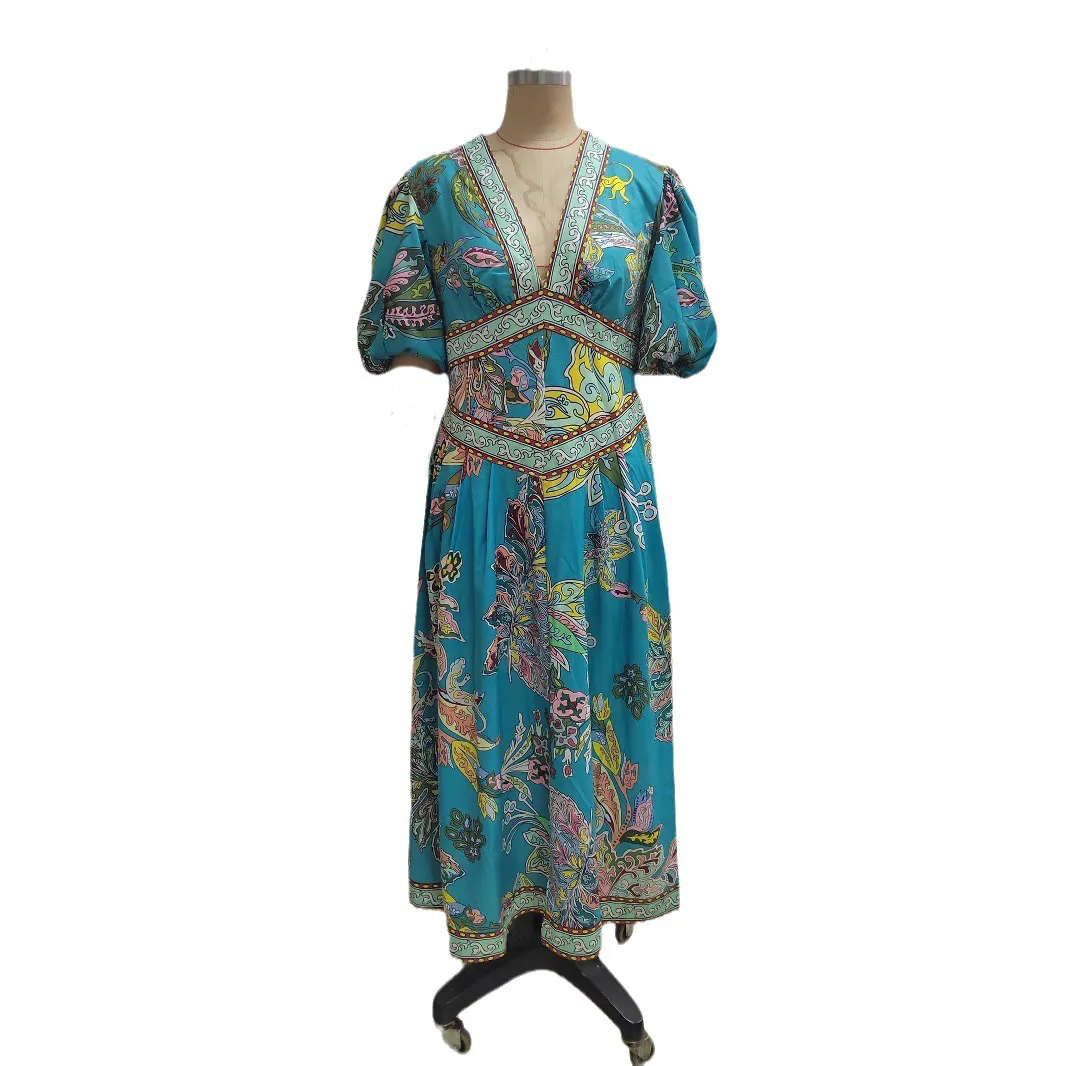 🔥🔥🔥🔥Unique Satin Vintage Floral Print Puff Sleeve Midi Dress