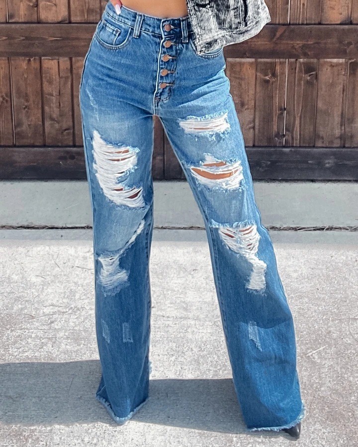 Women's Straight Leg Jeans Ripped Hole Wash Water Blue Casual Fashion Jeans