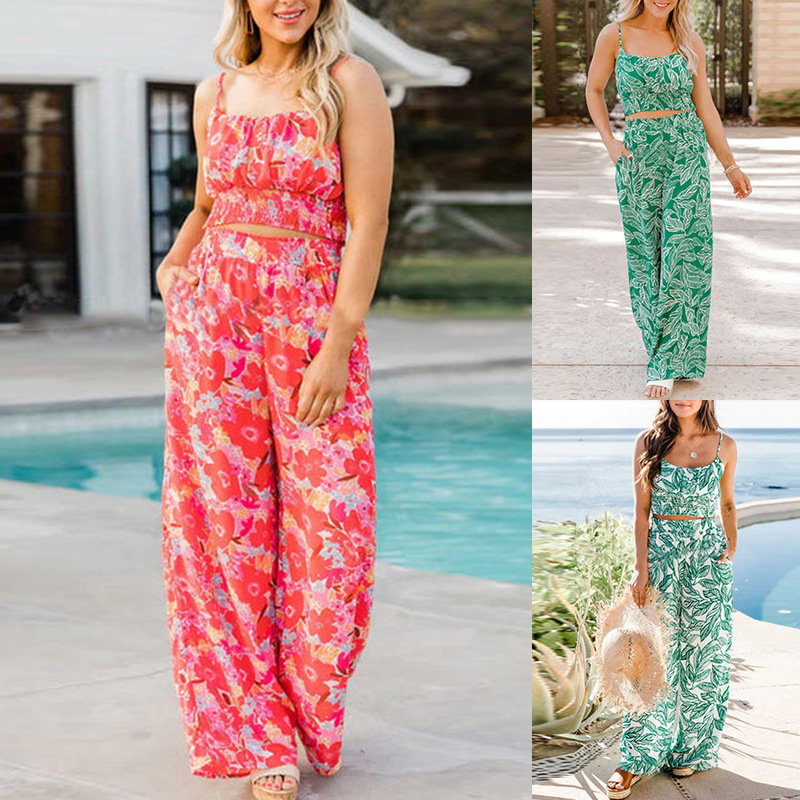 Women's Casual Printed Camisole Wide Leg Pants Set