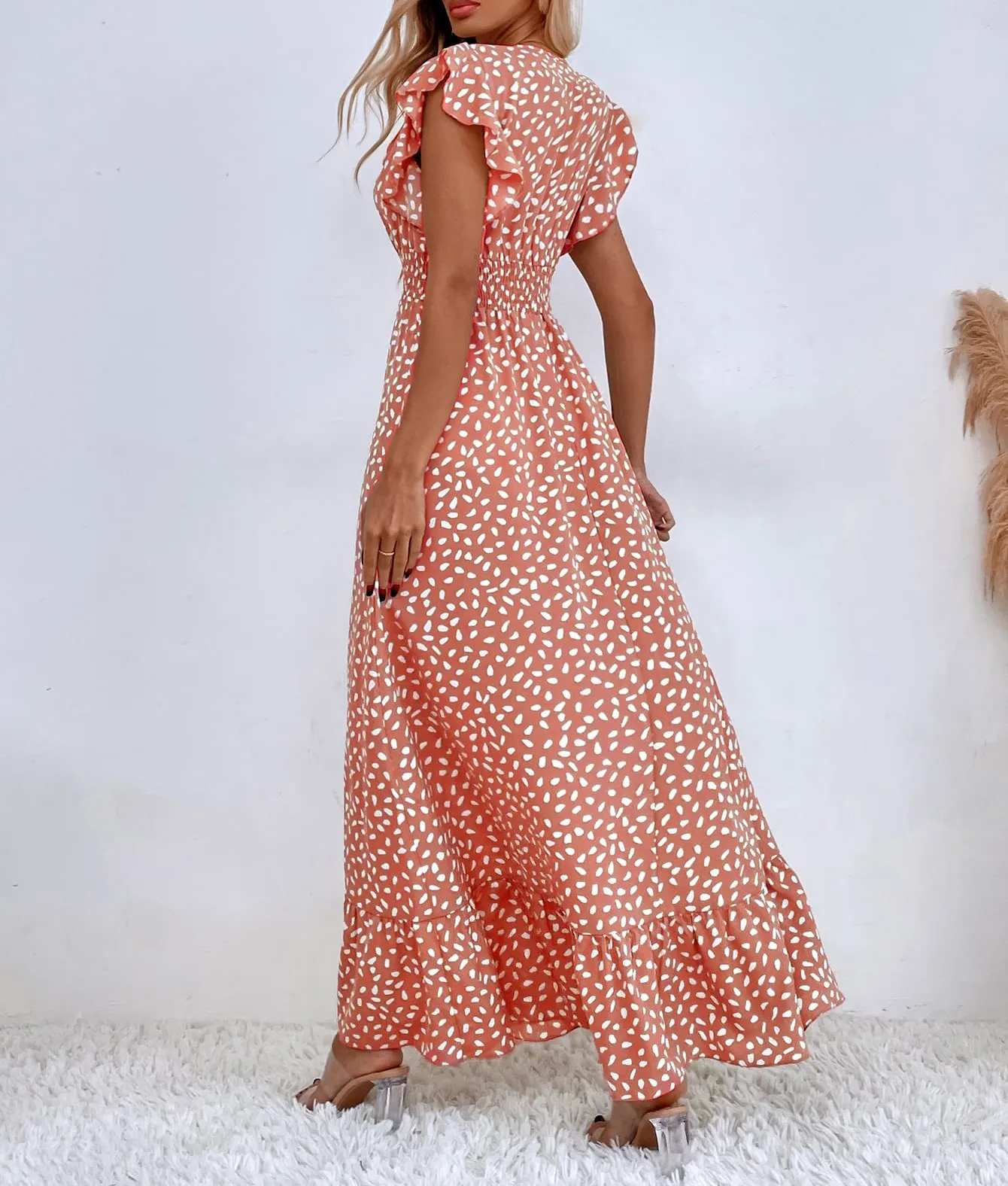PRINT RUFFLE SLEEVE V NECK MAXI DRESS