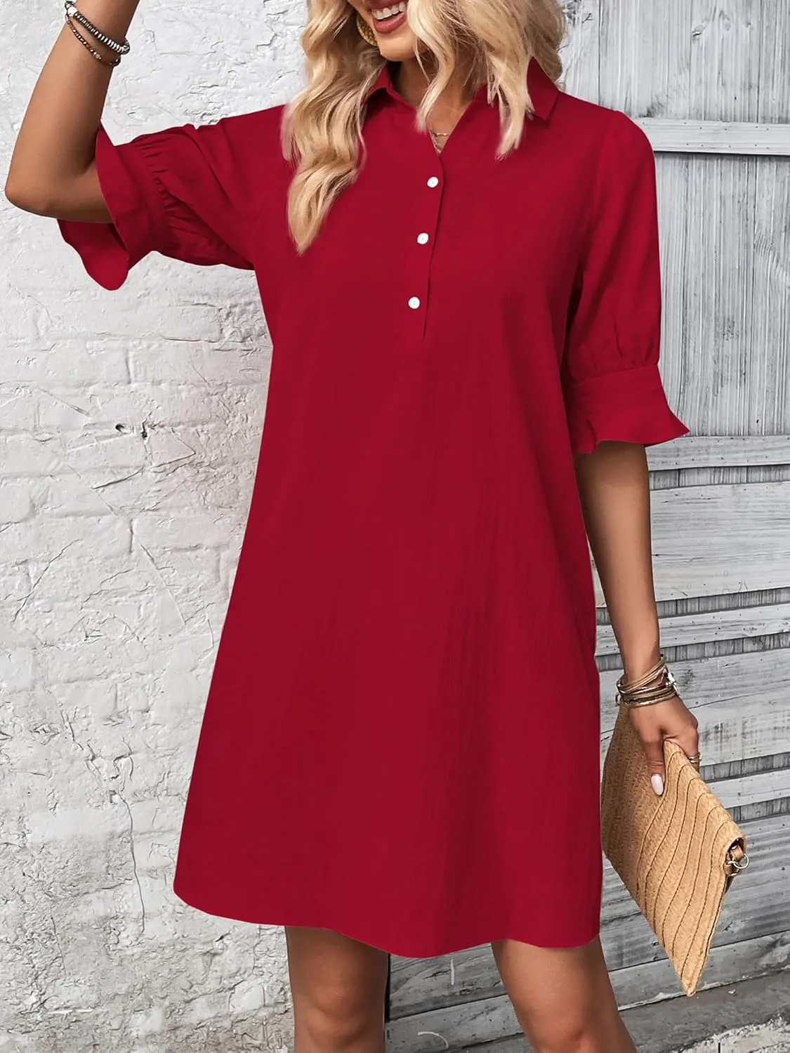 🔥🔥🔥🔥Womens Casual Shirt Dress Ruffle Sleeve Solid Color Button Down