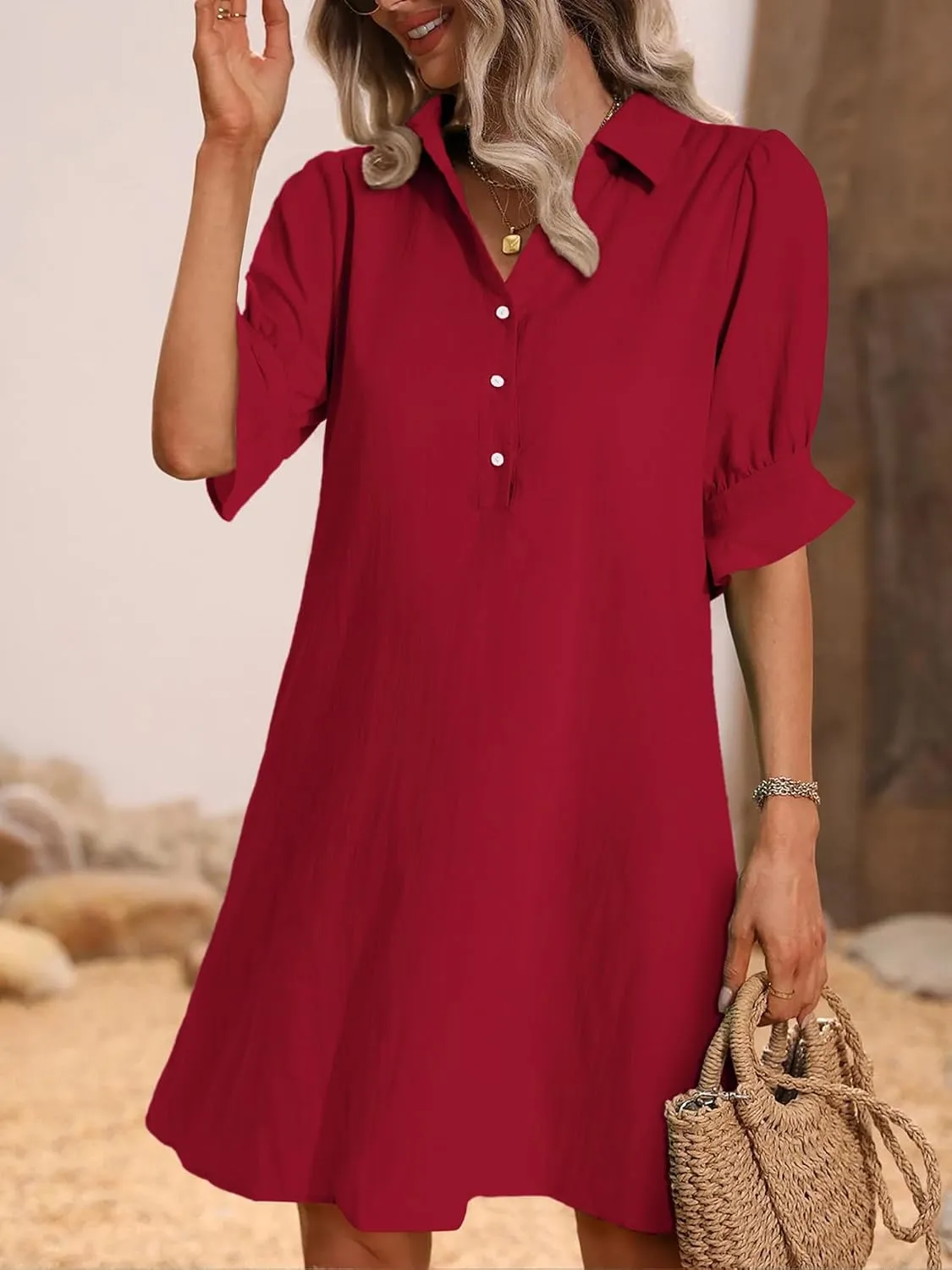 🔥🔥🔥🔥Womens Casual Shirt Dress Ruffle Sleeve Solid Color Button Down