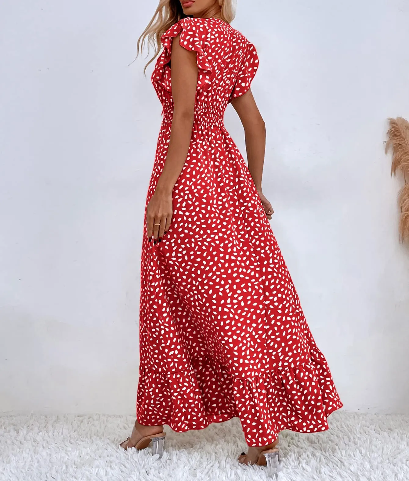 PRINT RUFFLE SLEEVE V NECK MAXI DRESS