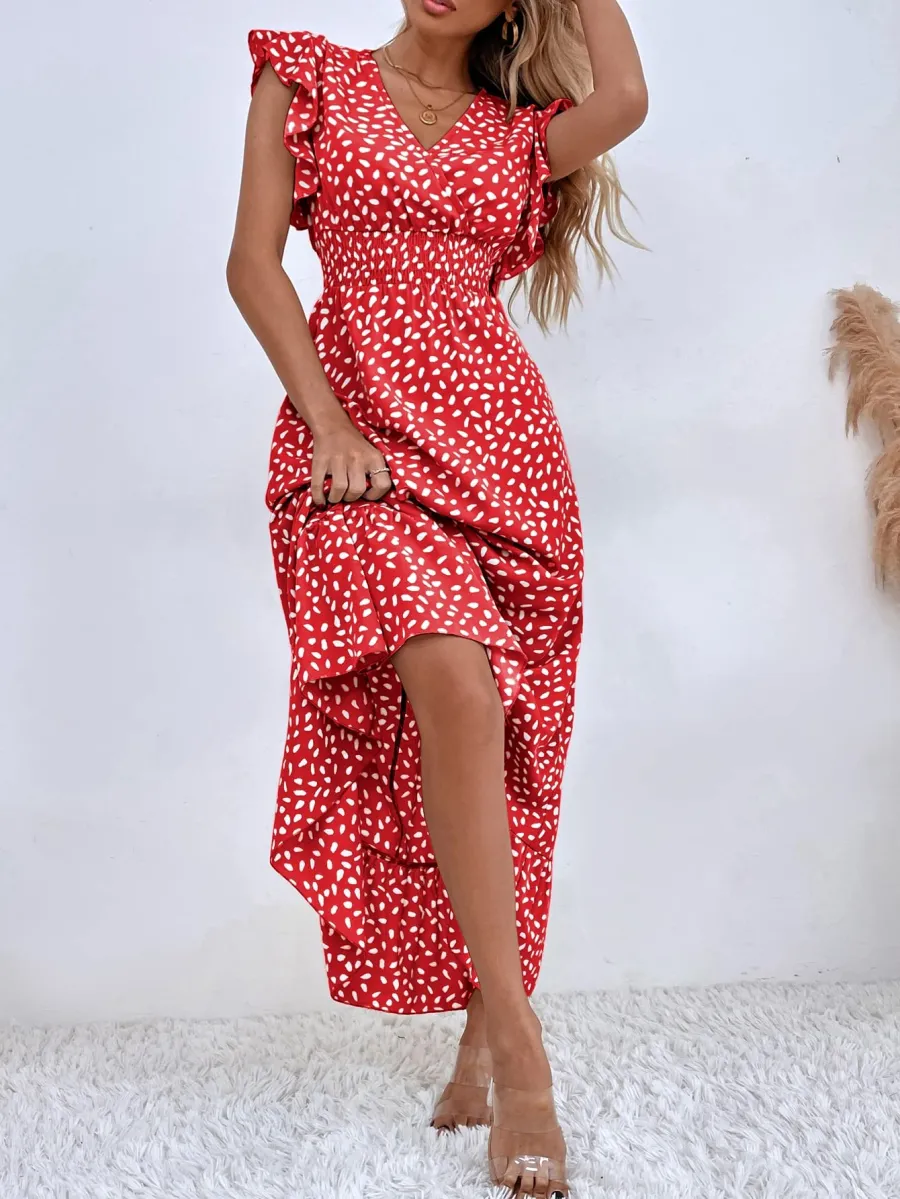 PRINT RUFFLE SLEEVE V NECK MAXI DRESS