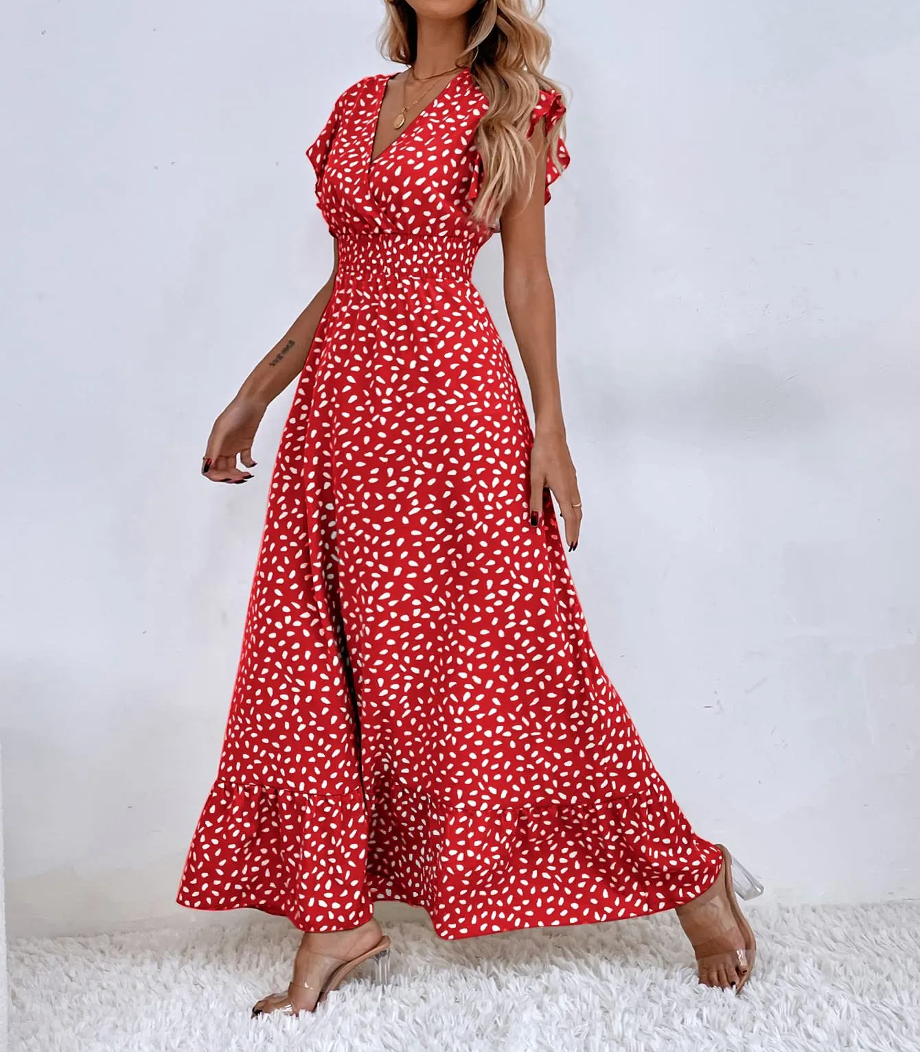 PRINT RUFFLE SLEEVE V NECK MAXI DRESS