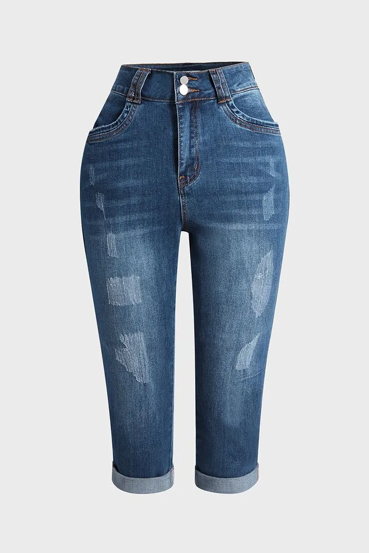 RIPPED ROLL UP HEM CAPRIS JEANS