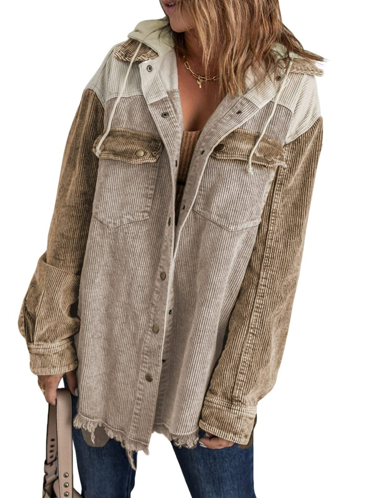 2024 Fall Long Sleeve Button Down Color Block Corduroy Hooded Jacket(BUY 2 10% OFF)