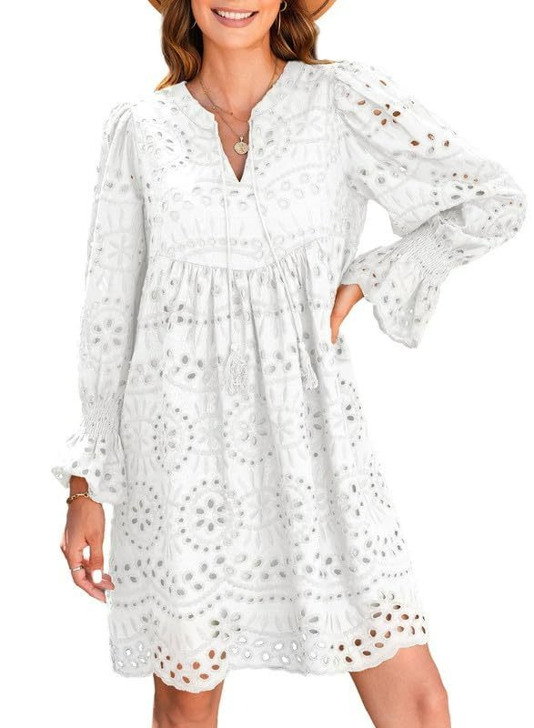 ✨Womens V Neck Long Sleeve Hollow Out Lace Ruffle Dresses(Buy 2 Free Shipping)