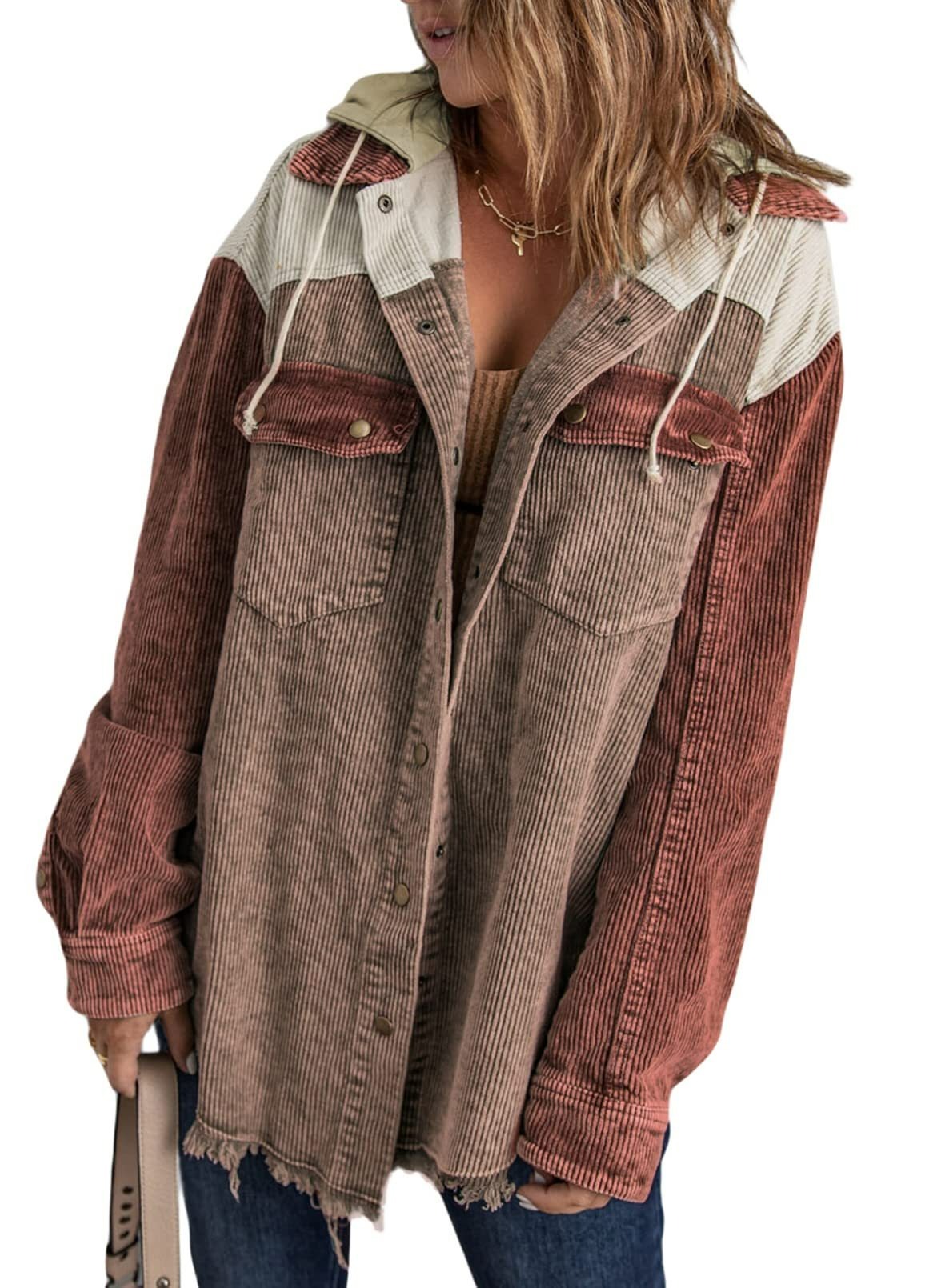 2024 Fall Long Sleeve Button Down Color Block Corduroy Hooded Jacket(BUY 2 10% OFF)
