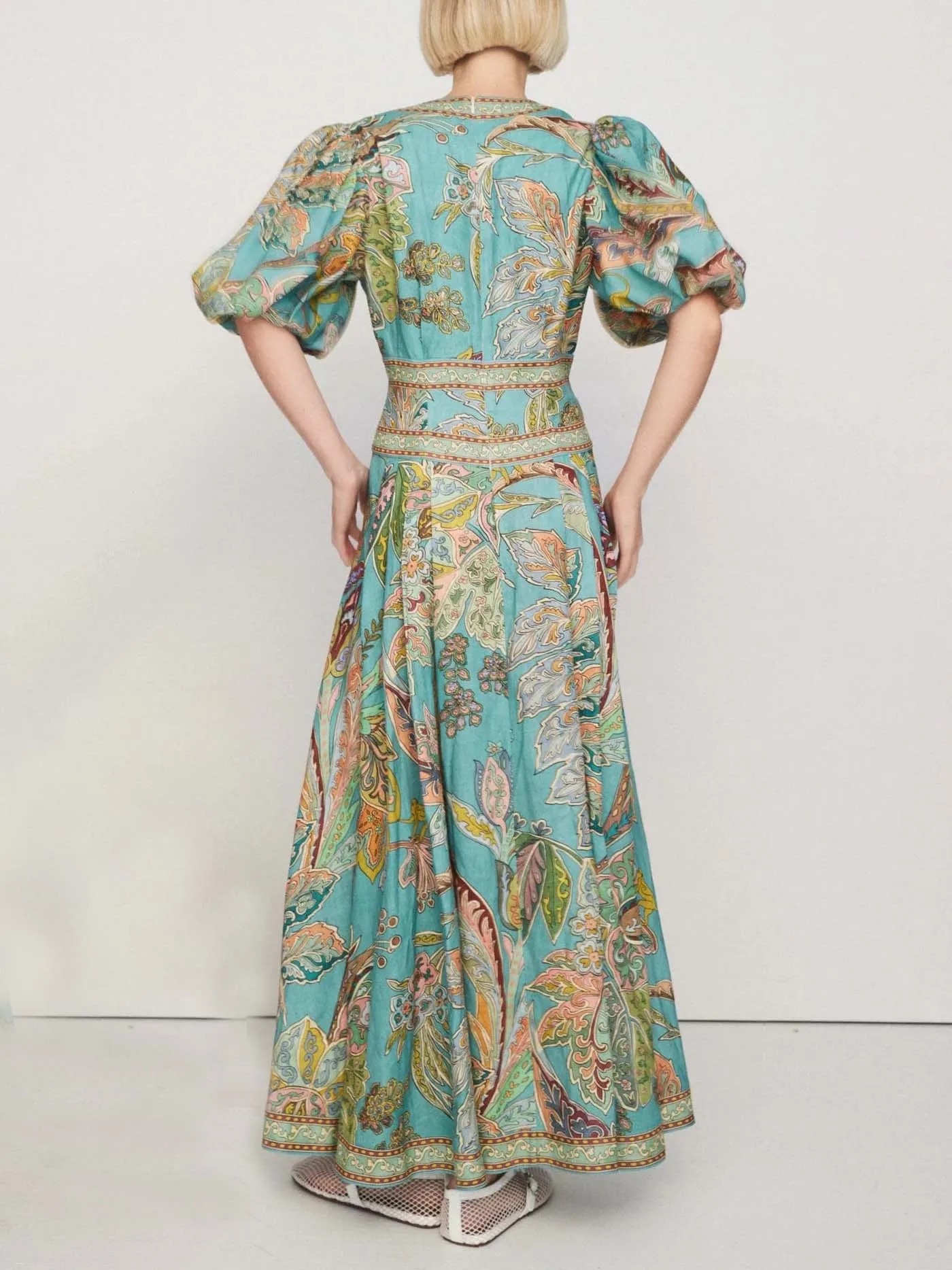 🔥🔥🔥🔥Unique Satin Vintage Floral Print Puff Sleeve Midi Dress