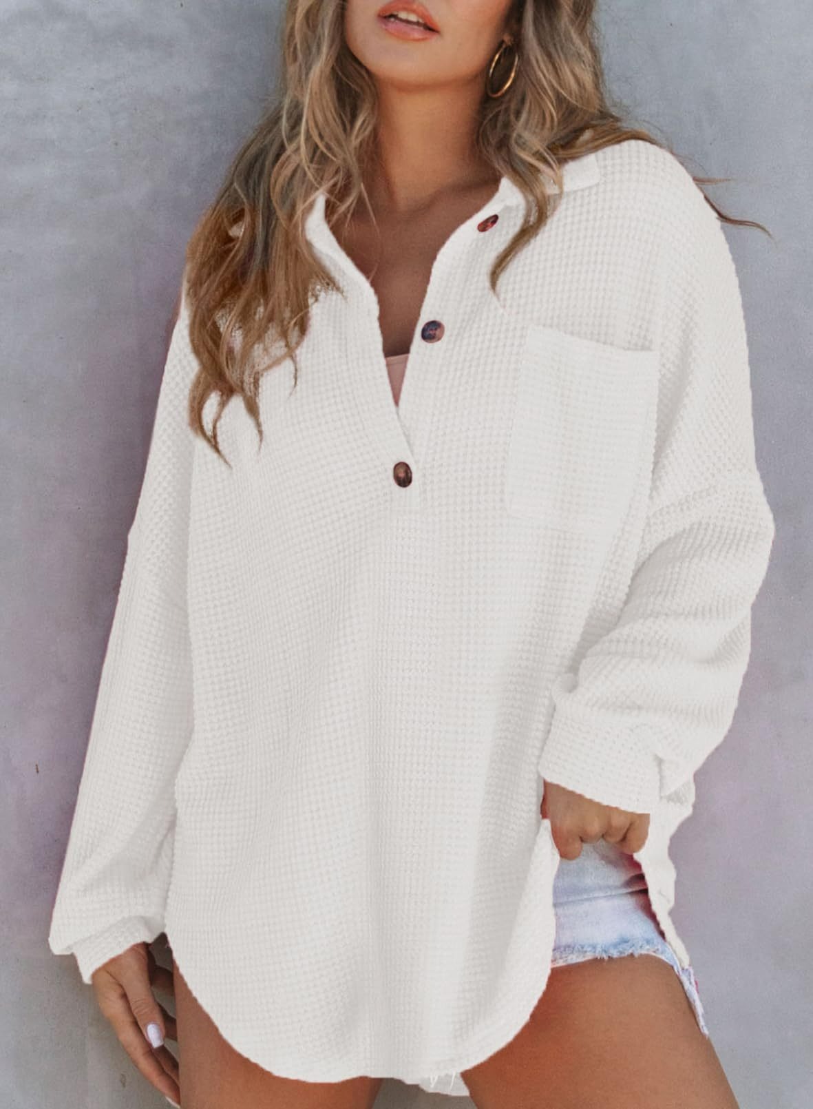 2024 New Women's Waffle Knit Henley V Neck Shirt Jacket