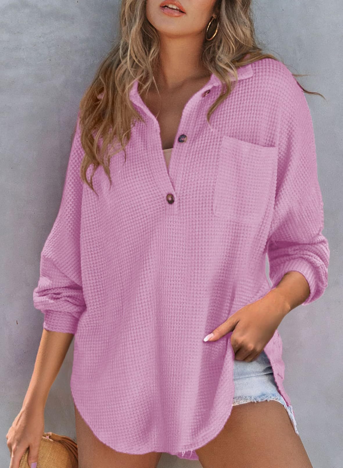 2024 New Women's Waffle Knit Henley V Neck Shirt Jacket