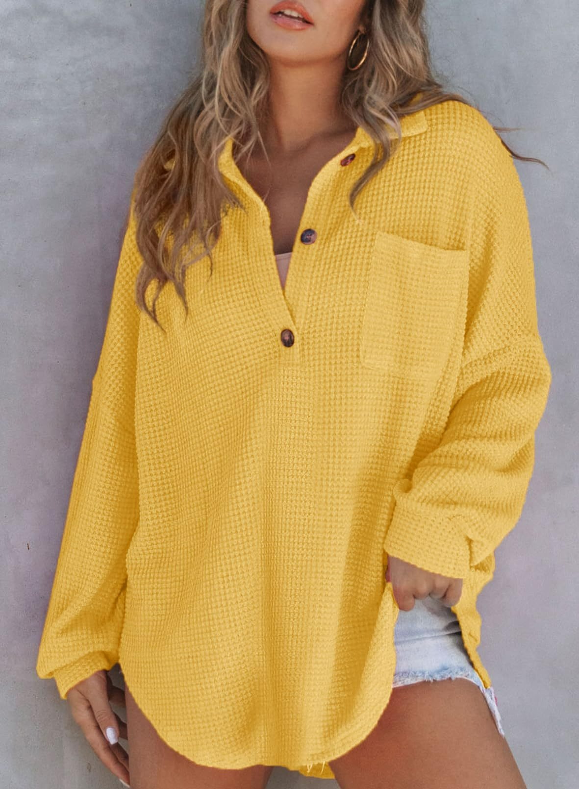 2024 New Women's Waffle Knit Henley V Neck Shirt Jacket