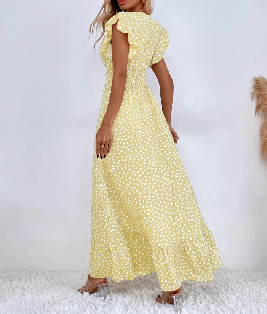 PRINT RUFFLE SLEEVE V NECK MAXI DRESS