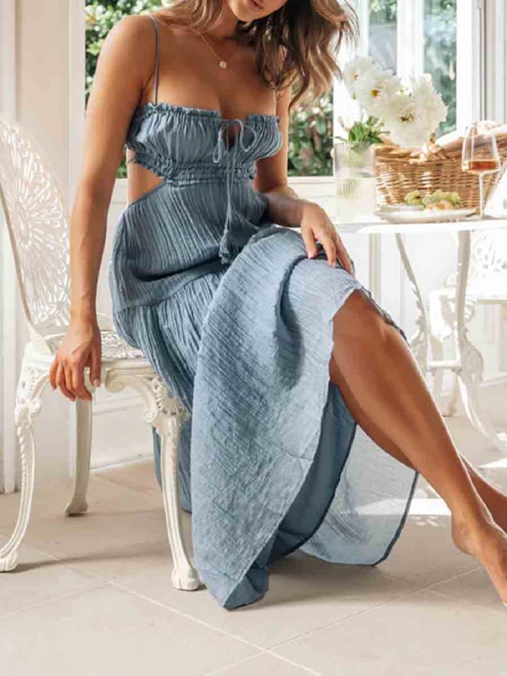 Hollow Out Backless Long Cami Dress