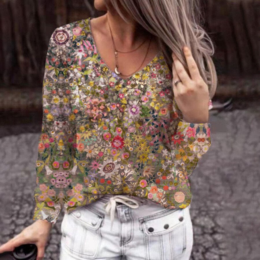 Ladies Retro V-Neck Printed Long Sleeve Top