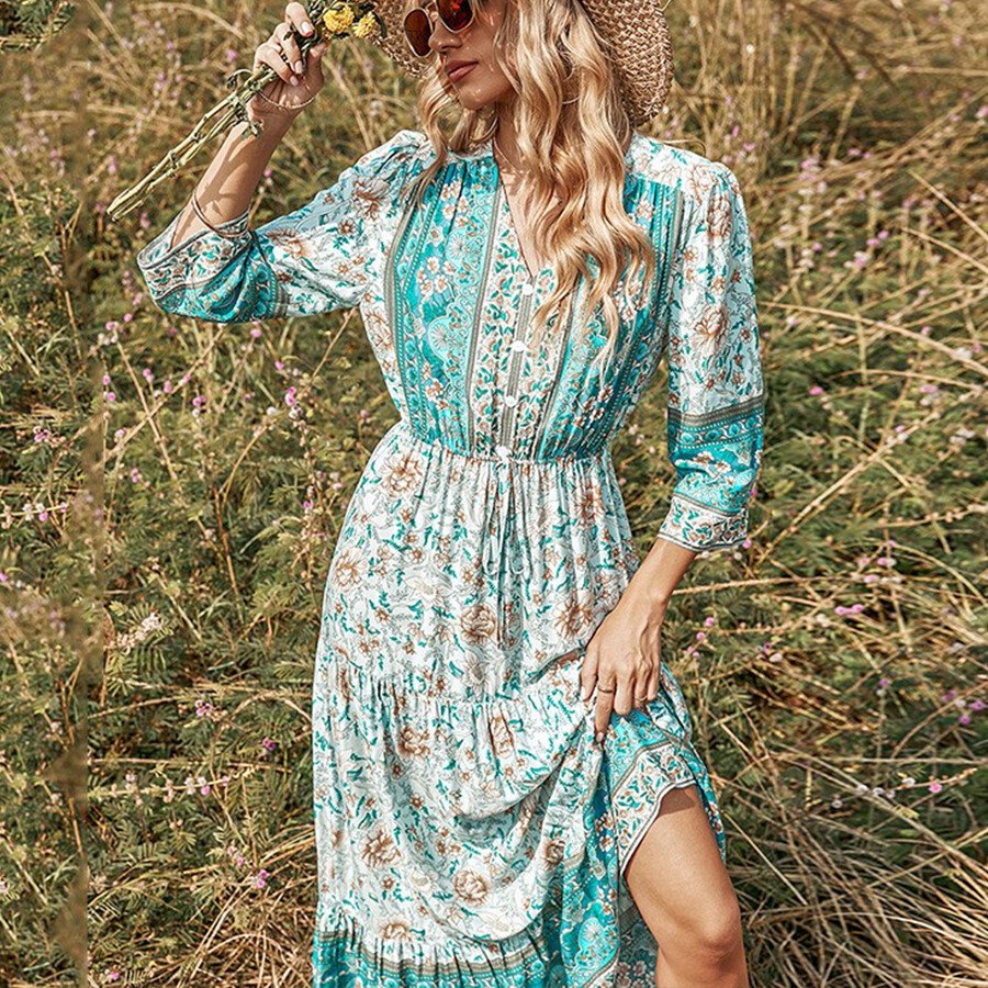 V-Neck Cropped Skirt Green Print Loose Dress