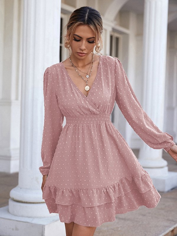 V-neck long sleeve ruffled trim A-line skirt commuter dress