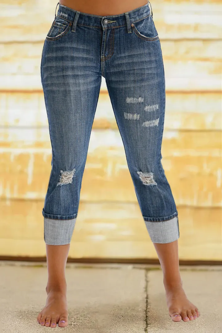 Midiross Vintage Ripped Embroidery Pocket Low Waist Capris Jeans
