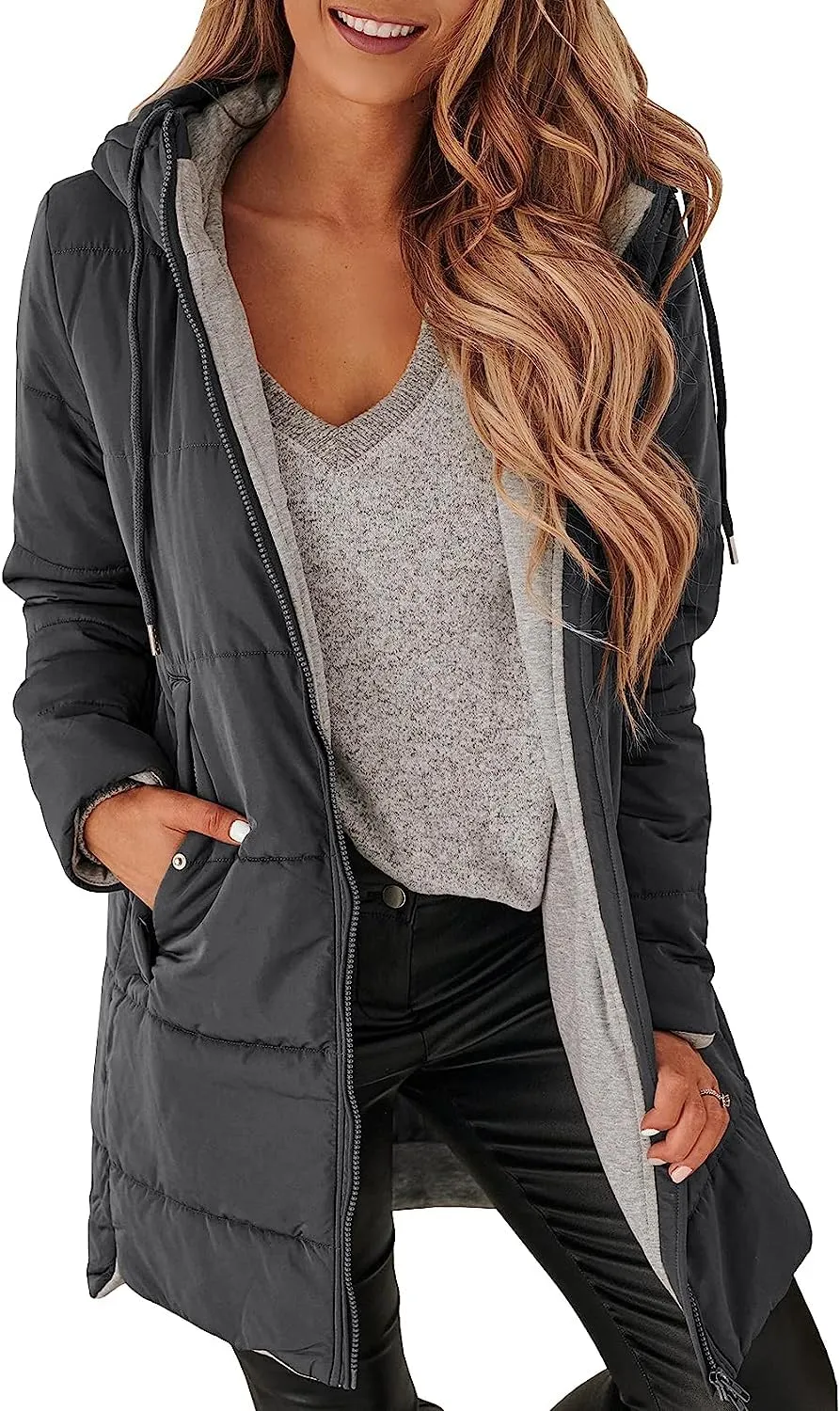 🔥🔥🔥🔥Women's Mid Quilted Jacket with Hood & Pockets