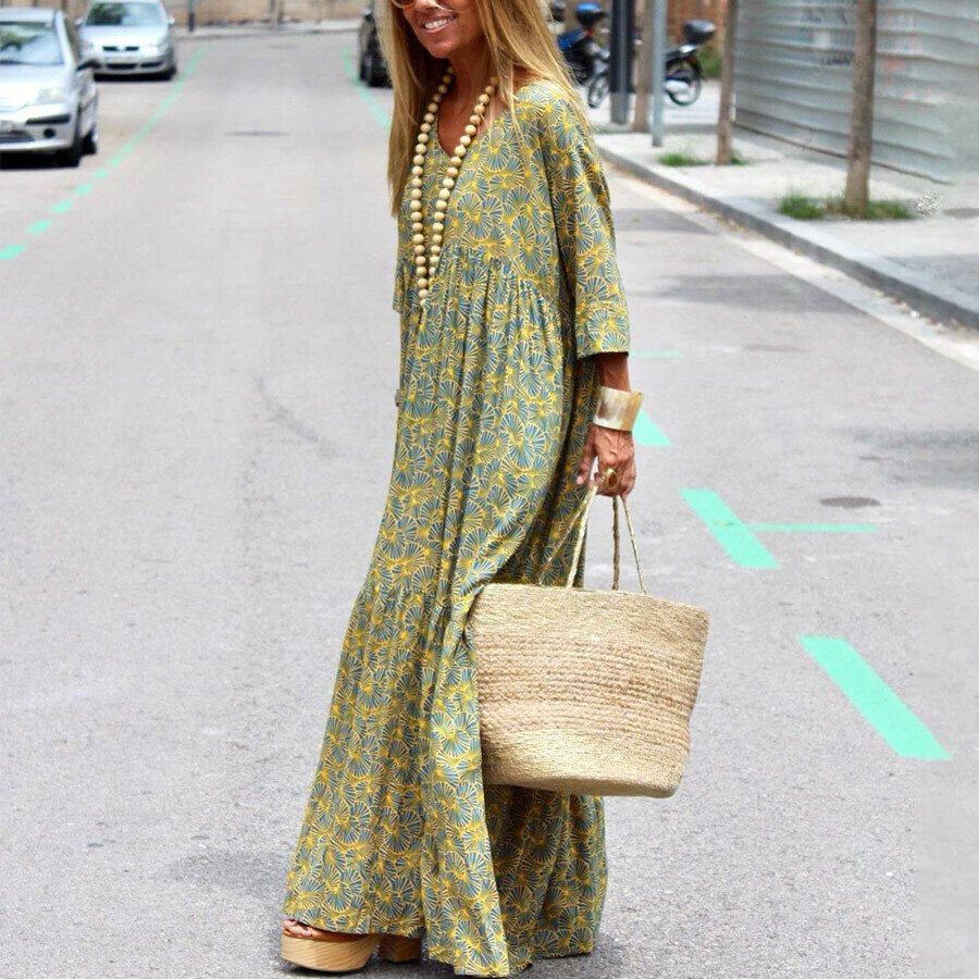 V-Neck Print Long Sleeve Dress